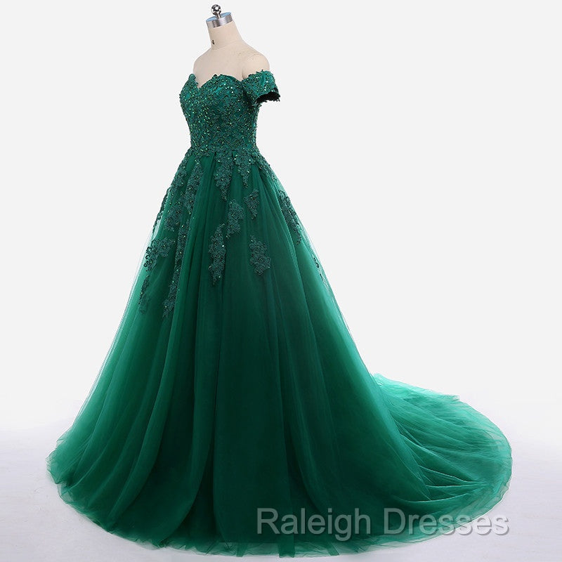Real Off Shoulder Green Prom Dresses Beaded Appliques Emerald Quince Dress