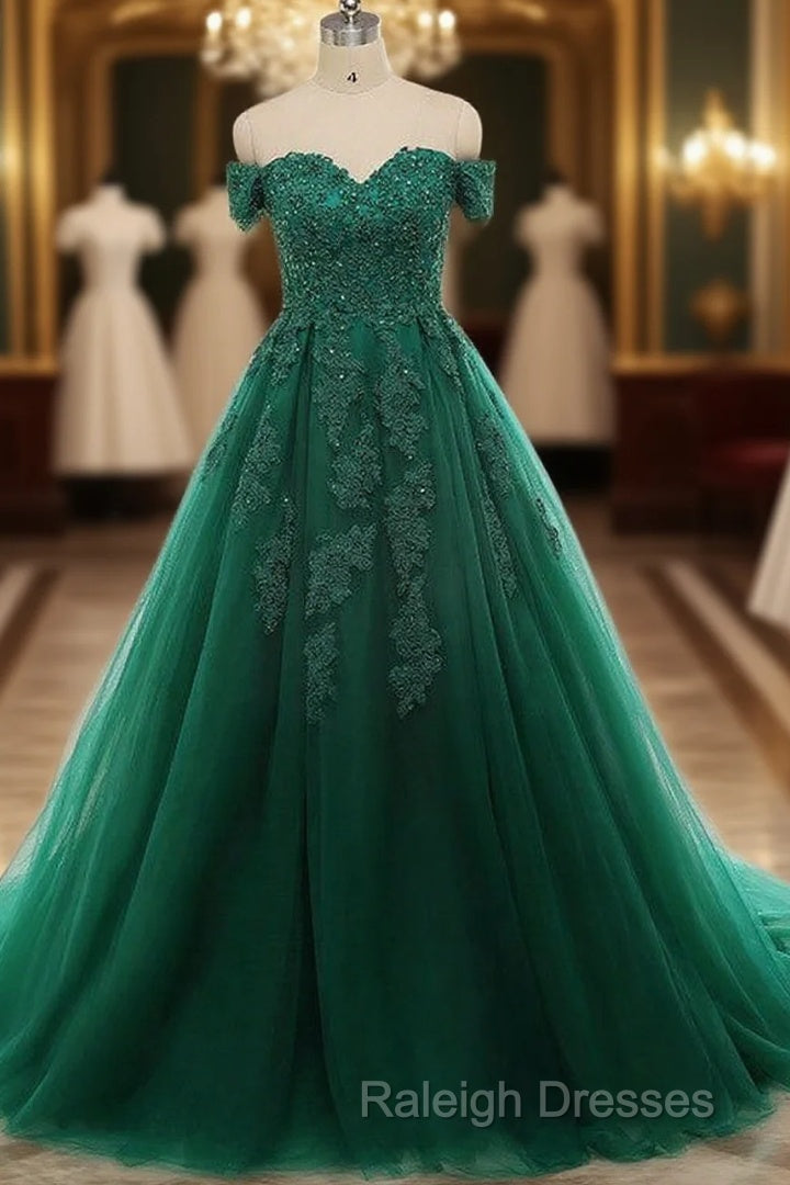 Real Off Shoulder Green Prom Dresses Beaded Appliques Emerald Quince Dress Main image