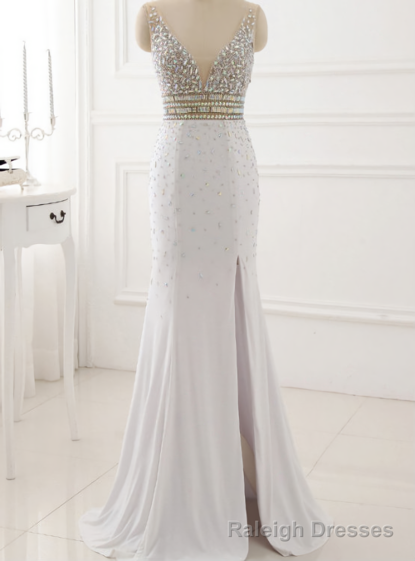 Real Picture Prom Dress Evening Party Gowns Long Sexy High Slit Chiffon Crystal Main image