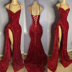 Real Sample High Slit Halter Sleeveless Sparkly Red Sequined Black Girls Long Prom Dress