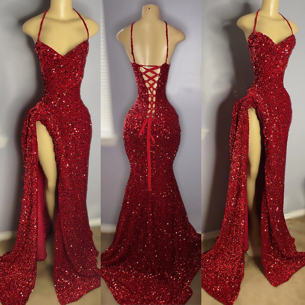 Real Sample High Slit Halter Sleeveless Sparkly Red Sequined Black Girls Long Prom Dress