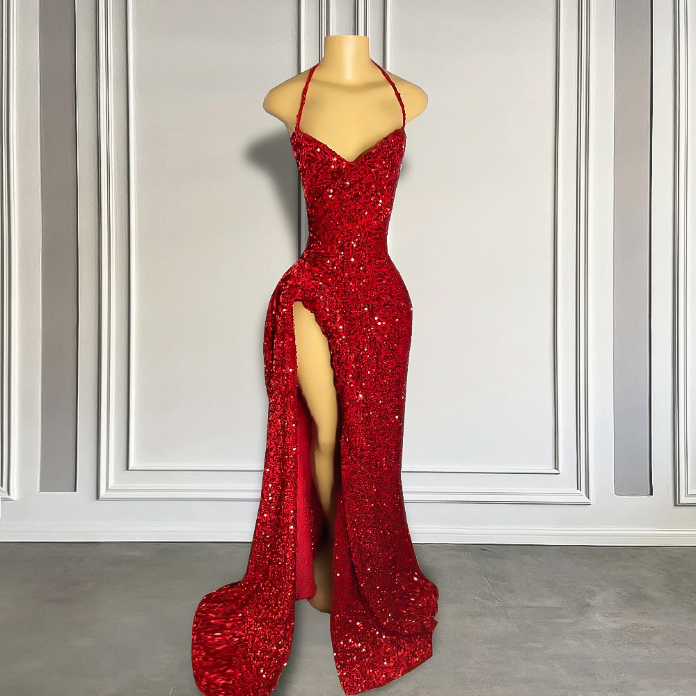 Real Sample High Slit Halter Sleeveless Sparkly Red Sequined Black Girls Long Prom Dress