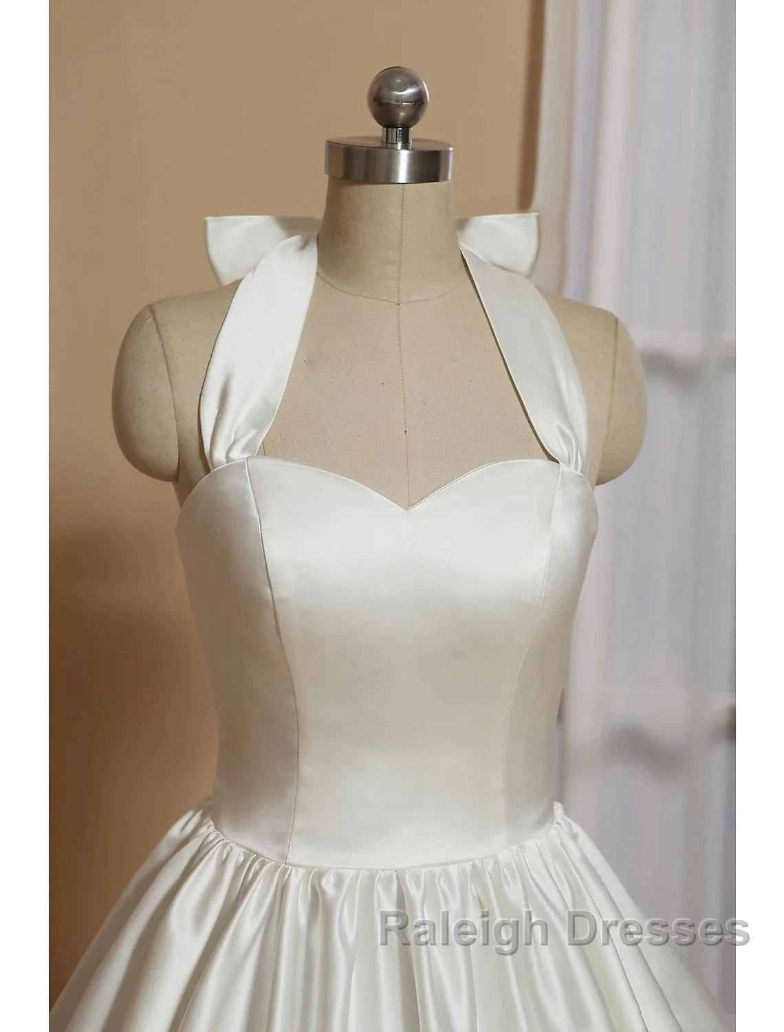 Reception Little White Dress Wedding Dress A-Line Halter Sleeveless Tea Length Satin Bridal Gowns With Bow(S) Pleats Secondary image