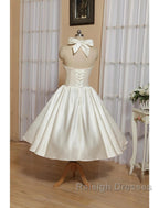 Reception Little White Dresses Wedding Dresses A-Line Halter Sleeveless Tea Length Satin Bridal Gowns With Bow(S) Pleats