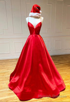 Red Satin Long Prom Dresses, Simple A Line Prom Dresses