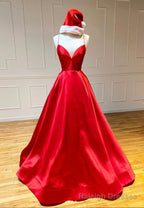 Red Satin Long Prom Dresses, Simple A-Line Evening Dresses