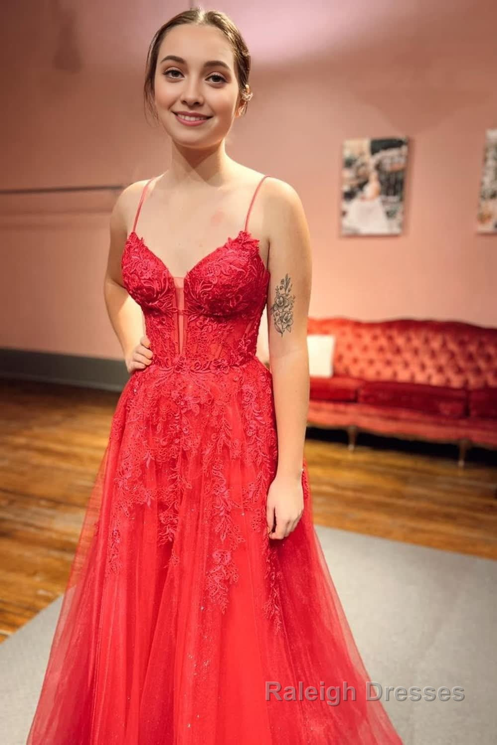 Red A Line Corset Lace Long Prom Dress