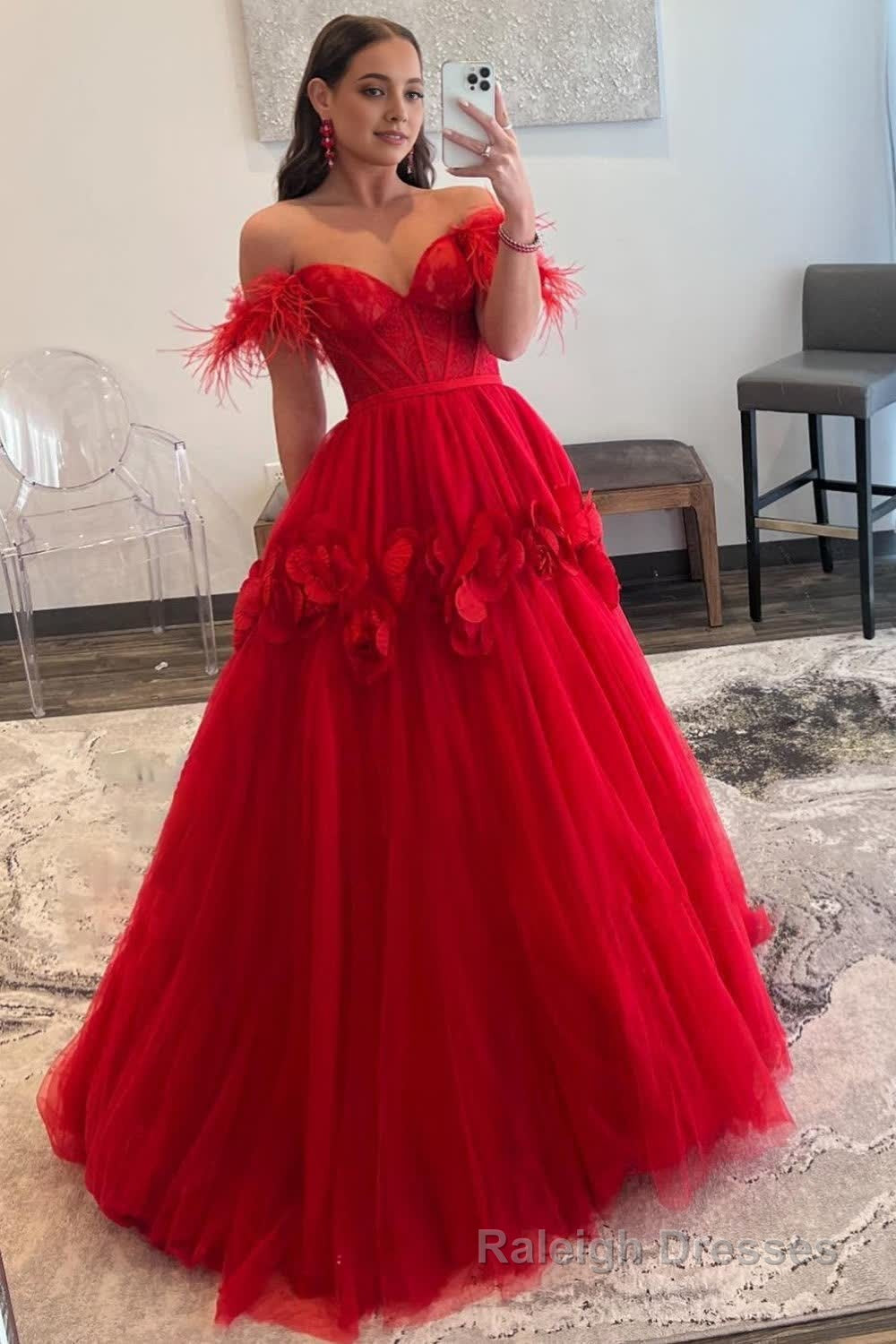 Red A Line Corset Long Prom Dress with 3D Flowers