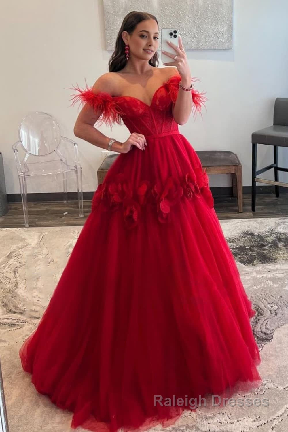 Red A Line Corset Long Prom Dress with 3D Flowers Main image
