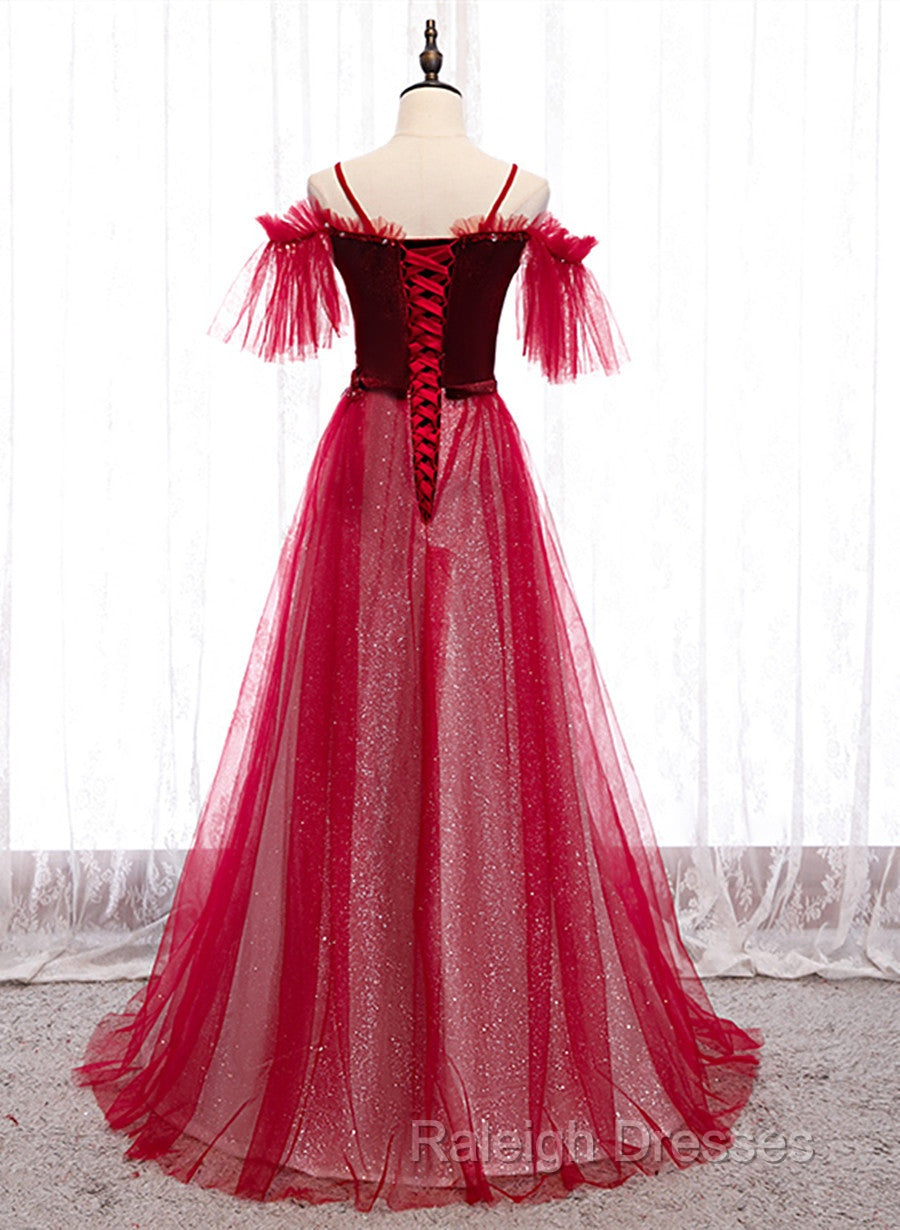 Red A-Line Floor Length Off Shoulder Long Prom Dress, Red Long Evening Dress