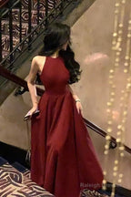 Red A Line Long Prom Dress Halter Formal Party Gown