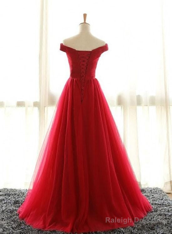 Red A Line Off Shoulder Floor Length Tulle Prom Dress, Off Shoulder Graduation Dress, Red Formal Dress Secondary image