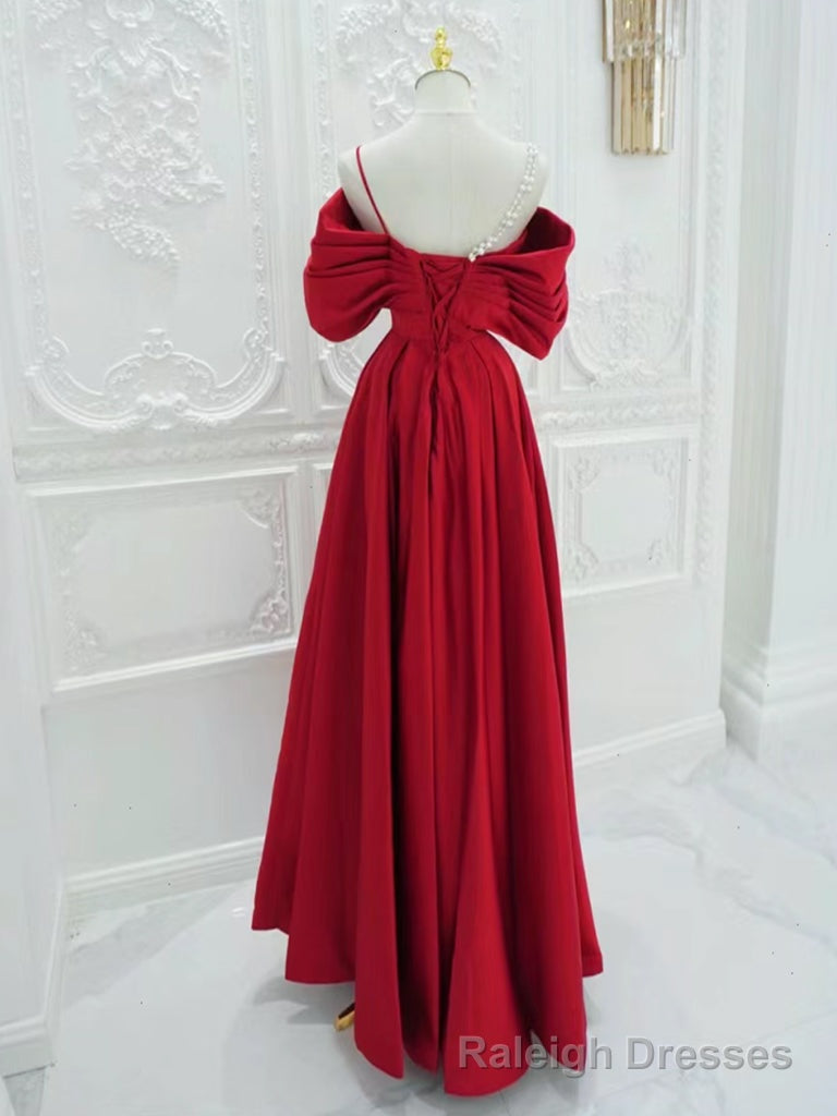 Red A-Line Off Shoulder Satin Long Prom Dress, Red Long Formal Dress Secondary image