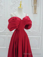 Red A-Line Off Shoulder Satin Long Prom Dress, Red Long Formal Dress