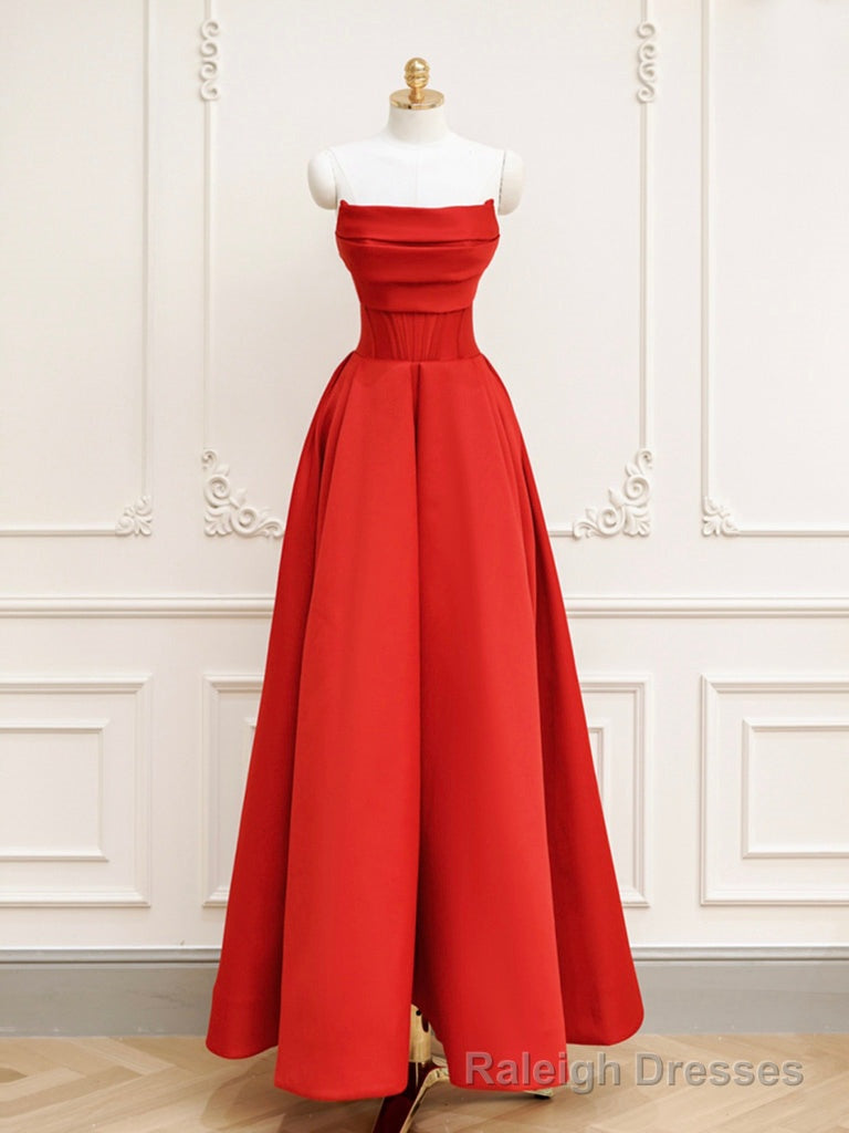Red A-Line Satin Long Prom Dress, Red Long Formal Dress Main image