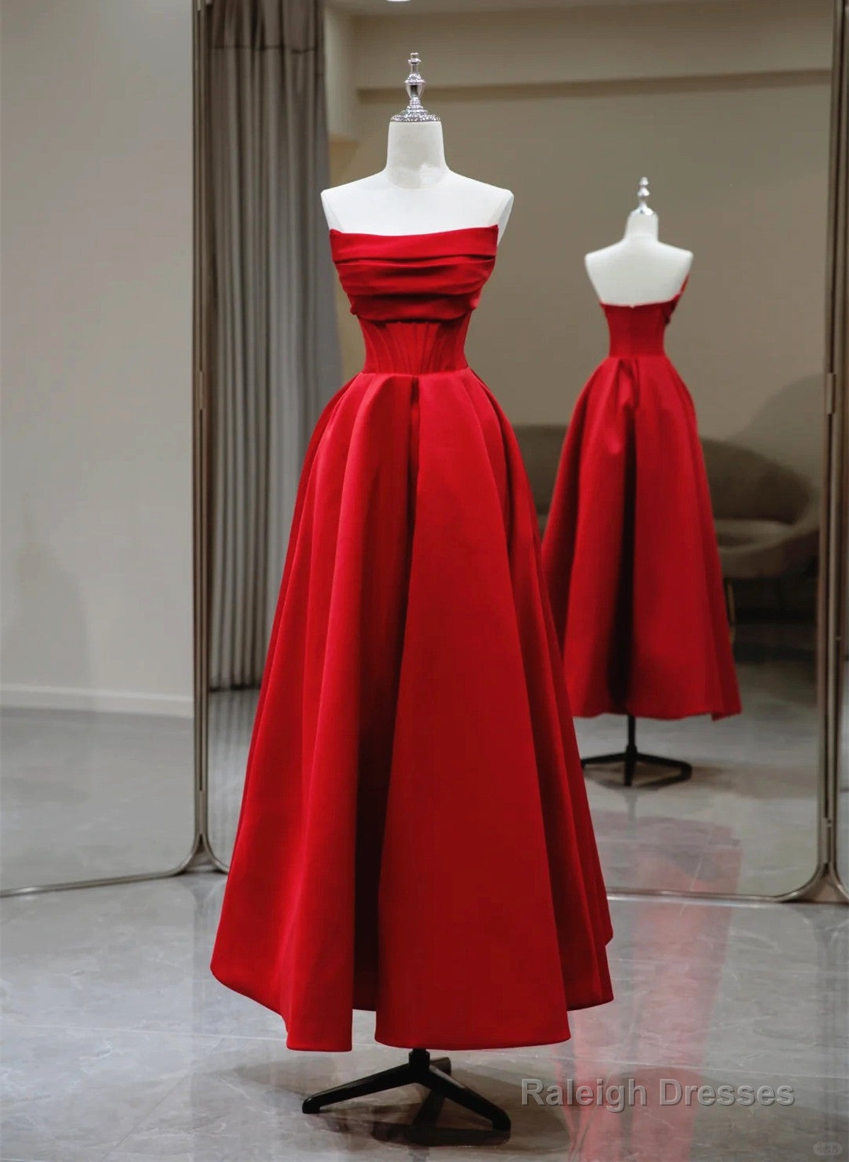 Red A-Line Satin Scoop Long Prom Dress Party Dress, Red Satin Evening Dress Main image