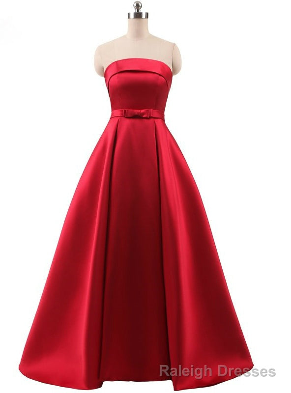 Red A Line Satin Strapless Prom Dress With Bow Main image