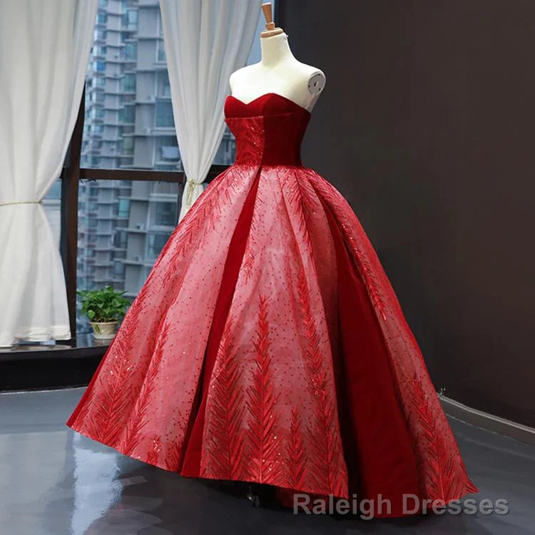 Red A Line Strapless Appliques Sequin Tulle Prom Dresses