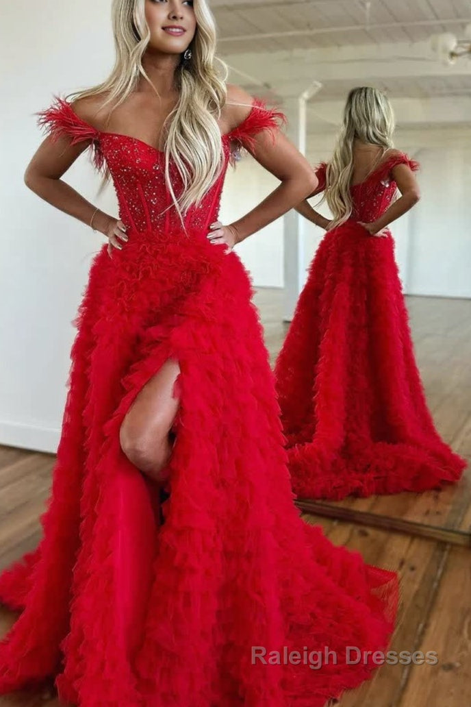 Red A Line Sweetheart Tiered Tulle Long Prom Dress With Slit Main image
