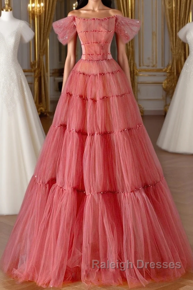 Red Aline Tulle Long Prom Dresses, Red Tulle Formal Graduation Dresses With Beading Sequin Main image