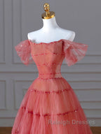 Red Aline Tulle Long Prom Dress Red Tulle Prom Graduation Dress With Beading Sequin