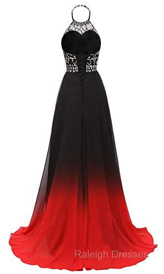 Red And Black Halter Beaded Chiffon Party Dress, A-Line Gradient Evening Dress