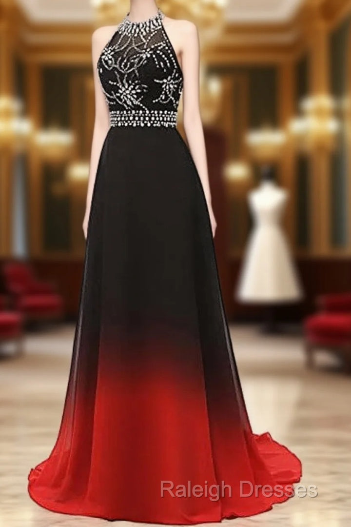 Red And Black Halter Beaded Chiffon Party Dress, A-Line Gradient Evening Dress Main image