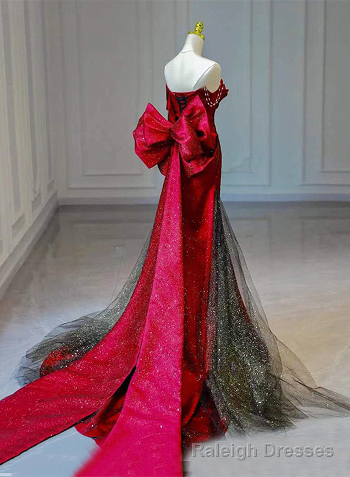 Red and Black Off Shoulder Mermaid Long Party Dress, Red and Black Prom Dress