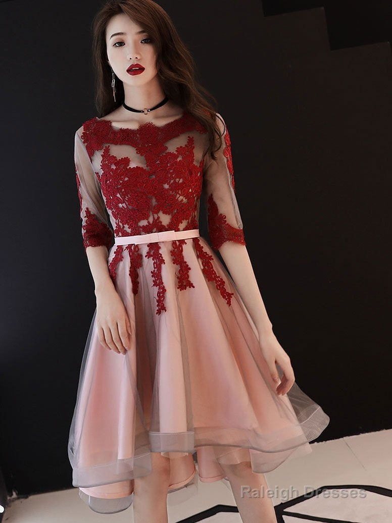 Red And Pink Tulle With Lace Short Sleeves Prom Dresses High Low Homecoming Dresses