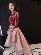 Red And Pink Tulle With Lace Short Sleeves Party Dress, High Low Homecoming Dress