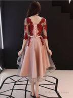 Red And Pink Tulle With Lace Short Sleeves Party Dress, High Low Homecoming Dress