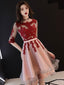 Red And Pink Tulle With Lace Short Sleeves Party Dress, High Low Homecoming Dress