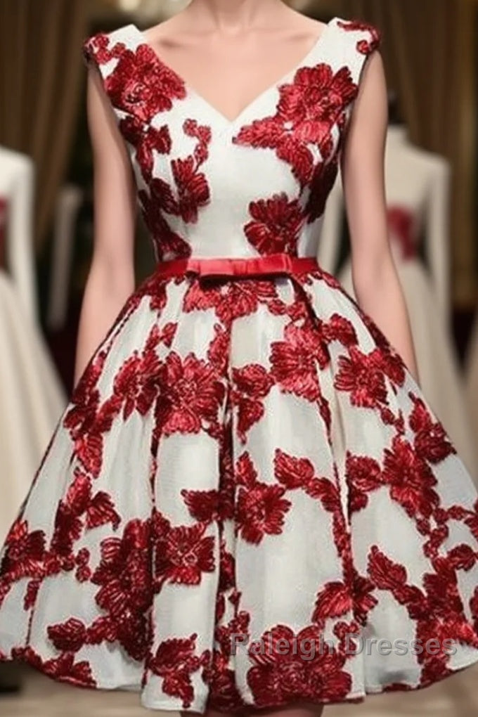 Red And White Short Homecoming Dress, Lace-Up Back Party Dress, Pretty Formal Dress Main image