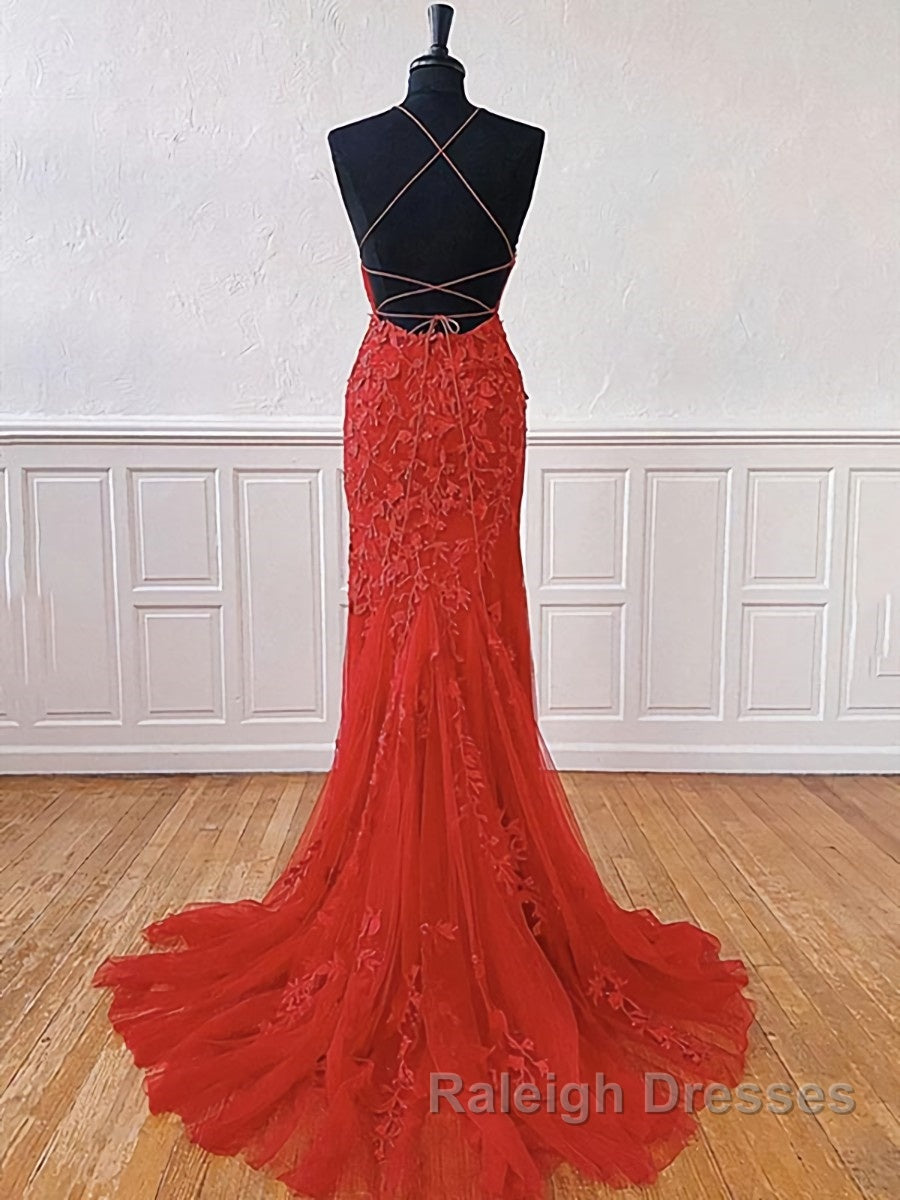 Red Backless Lace Prom Dresses, Red Open Back Lace Formal Evening Dresses Secondary image