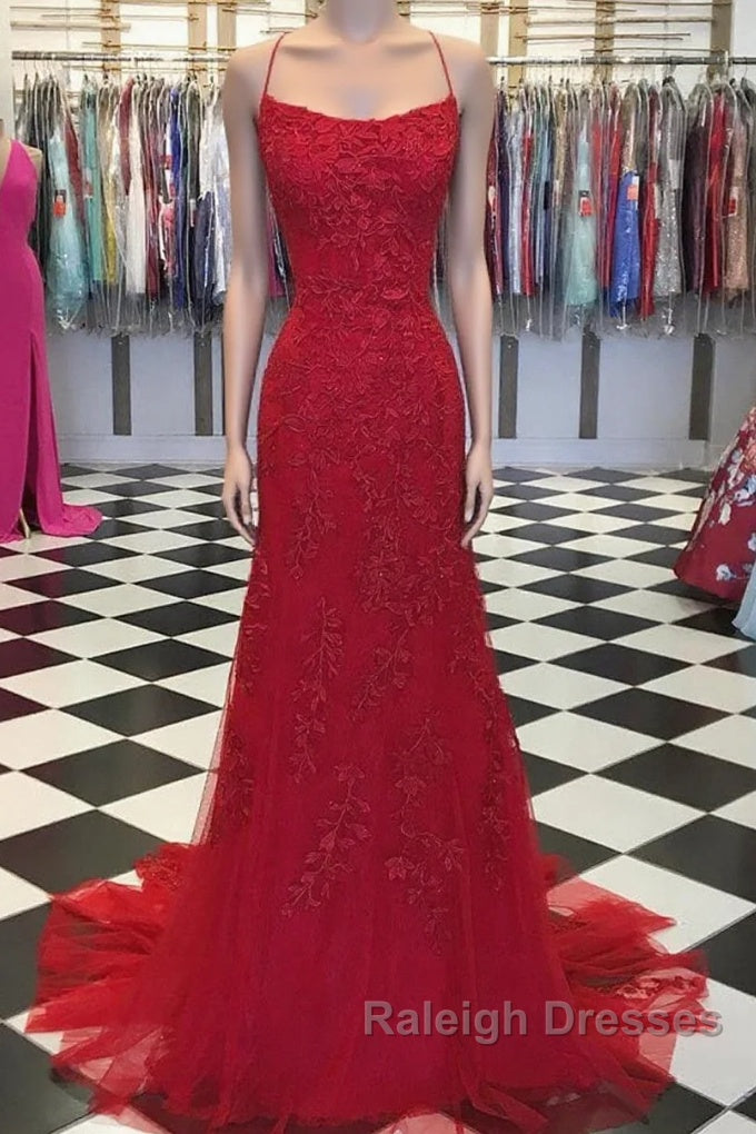Red Backless Mermaid Lace Prom Dresses, Red Backless Lace Formal Graduation Evening Dresses Main image