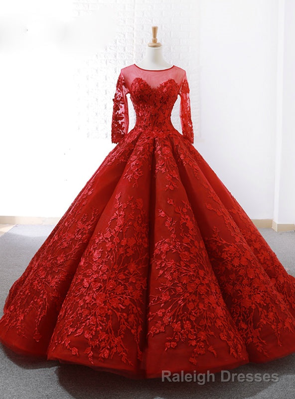Red Ball Gown Long Sleeve Backless Appliques Wedding Dress Main image