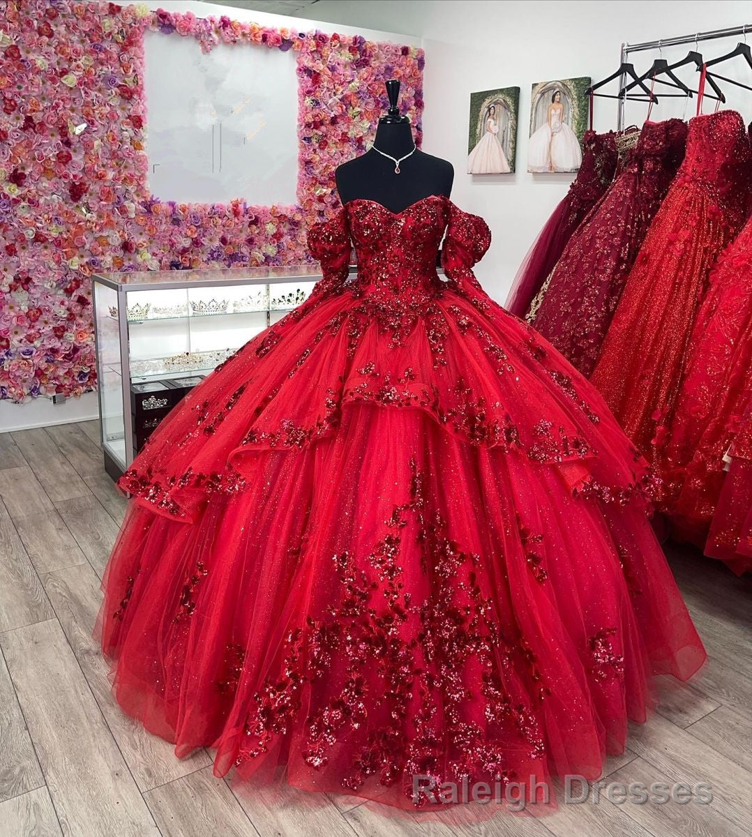 Red Ball Gown Off-the-Shoulder Lace-Up Back Quinceanera Dresses Main image