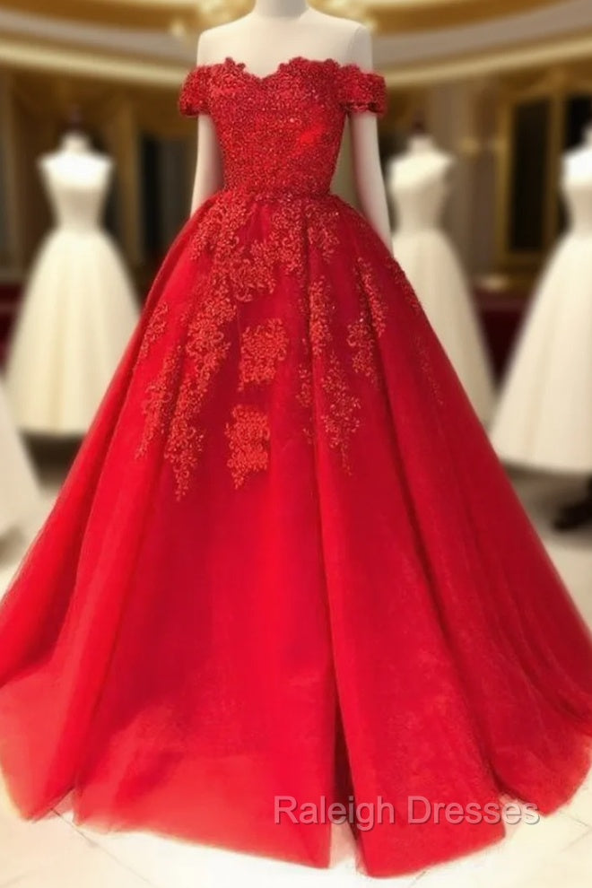 Red Ball Gown Off-the-Shoulder Sleeveless Court Train Tulle Prom Dress With Pleated Appliqued Main image