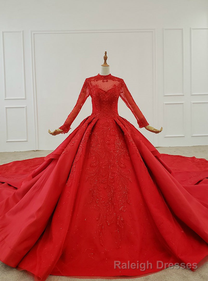 Red Ball Gown Satin High Neck Long Sleeve Sequins Wedding Dress With Long Train Main image