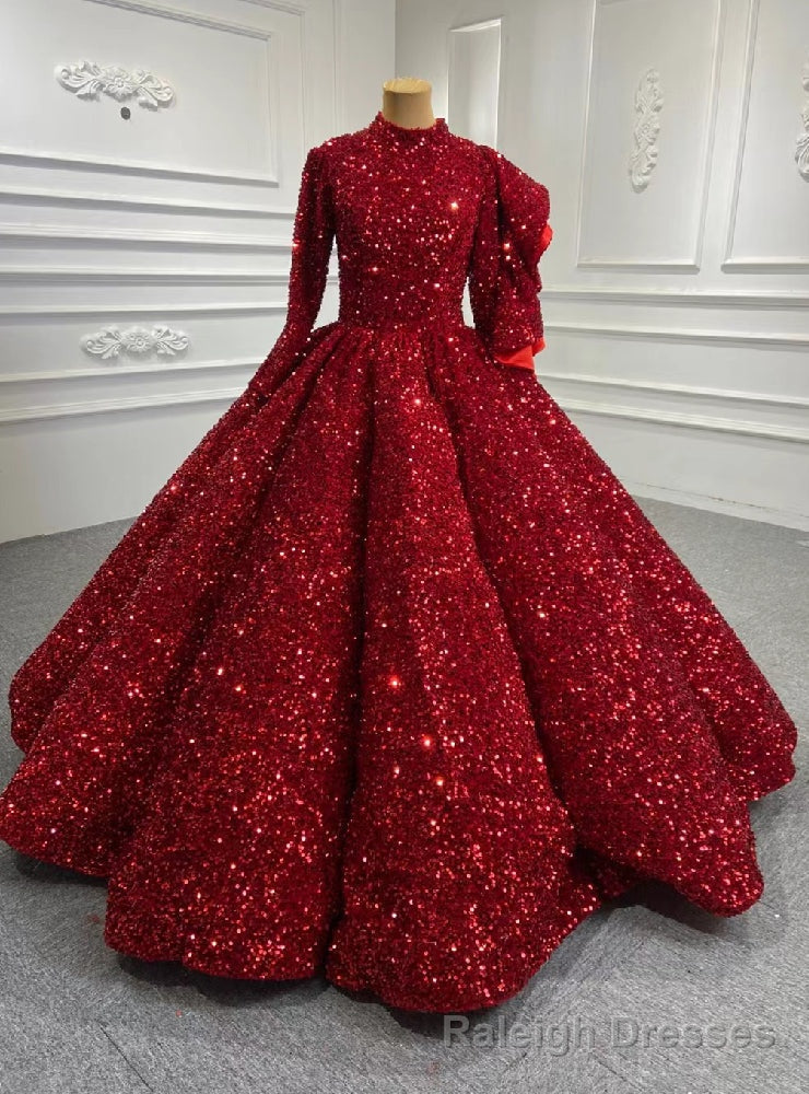 Red Ball Gown Sequins High Neck Long Sleeve Prom Dress Main image