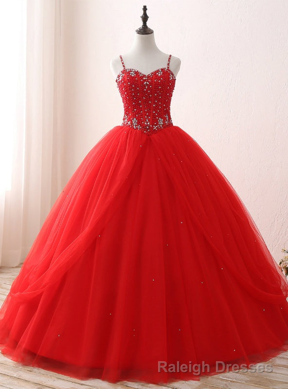 Red Ball Gown Spaghetti Straps Tulle Sweet 16 Dresses With Beading Main image