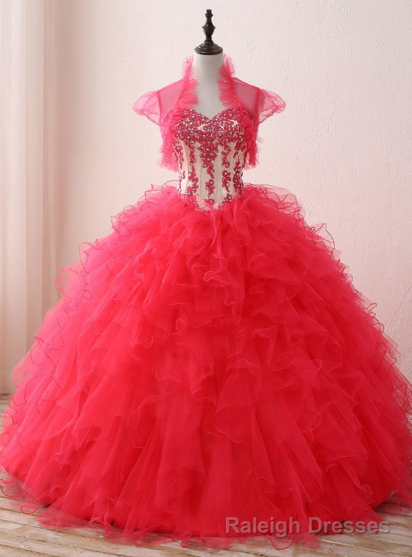 Red Ball Gown Sweetheart Neck Appliques Organza 16 Birthday Dress Main image