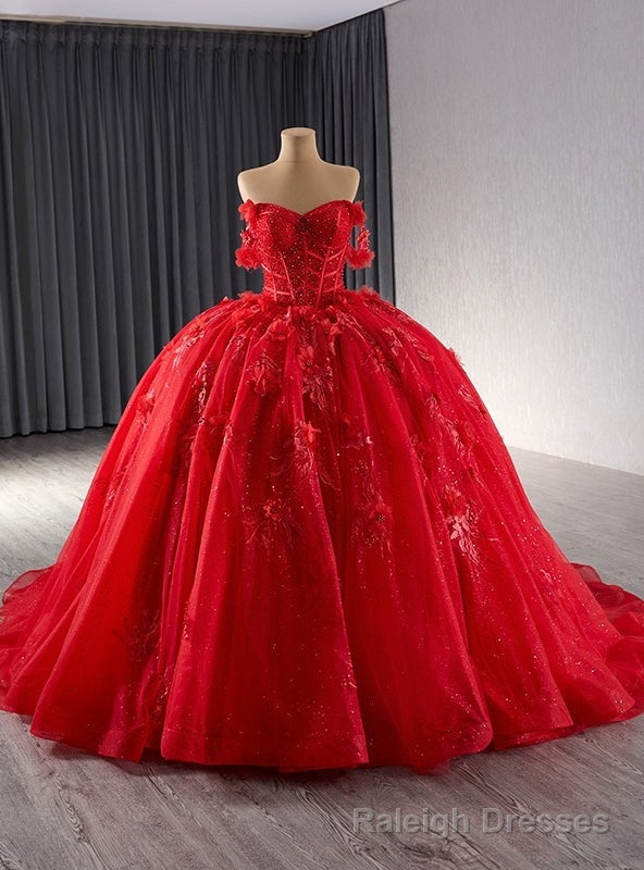 Red Ball Gown Tulle 3D Flower Beading Prom Dress Main image