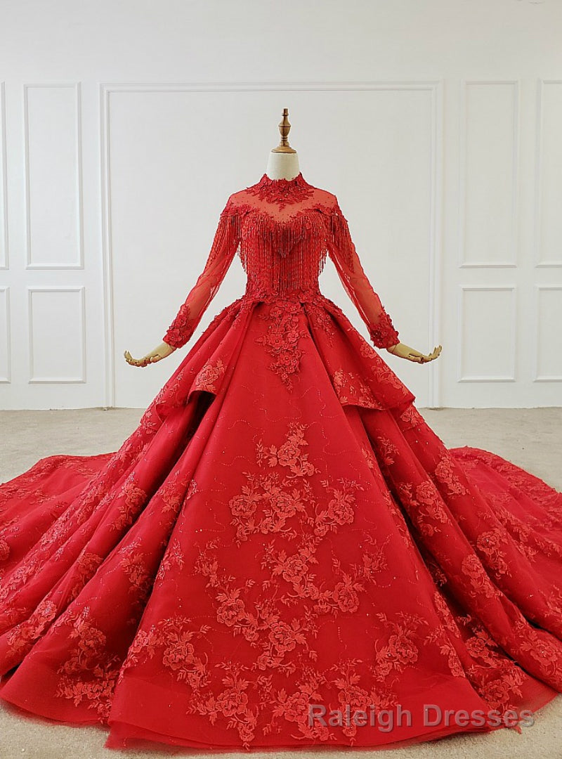 Red Ball Gown Tulle Appliques High Neck Long Sleeve Beading Wedding Dress With Long Train Main image