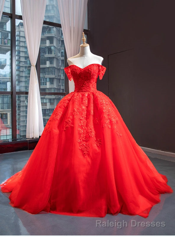 Red Ball Gown Tulle Appliques Off the Shoulder Beading Prom Dress Main image