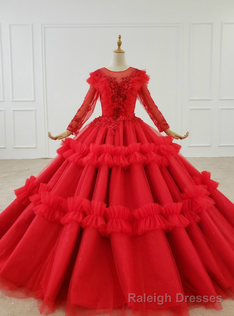Red Ball Gown Tulle Long Sleeve Appliques Beading Floor Length Wedding Dress Main image