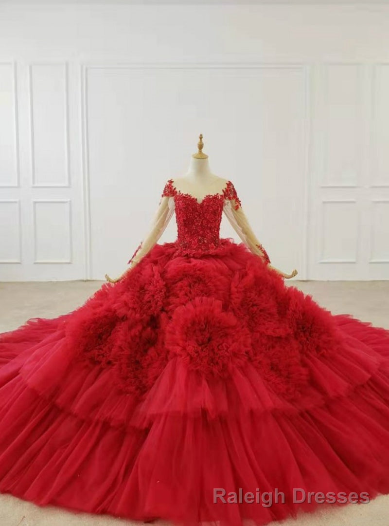 Red Ball Gown Tulle Long Sleeve Appliques Beading Wedding Dress With Train Main image