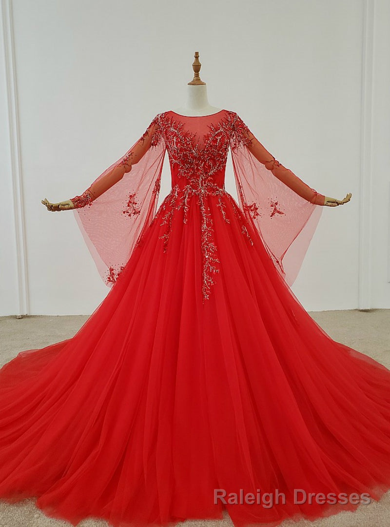 Red Ball Gown Tulle Long Sleeve Beading Sequins Wedding Dress Main image