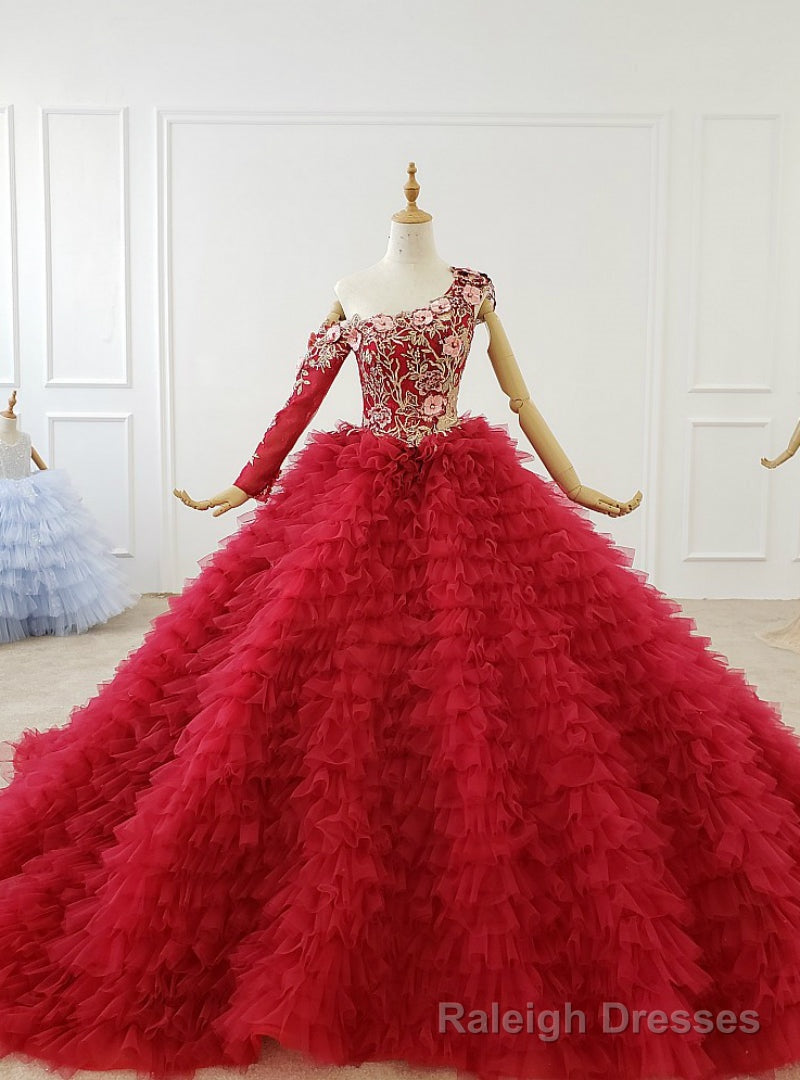 Red Ball Gown Tulle One Shoulder Long Sleeve Appliques Wedding Dress Main image