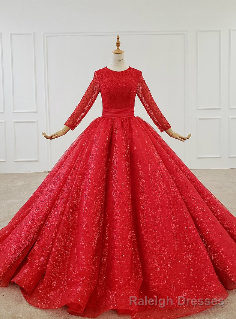 Red Ball Gown Tulle Sequins Long Sleeve Beading Floor Length Wedding Dress Main image